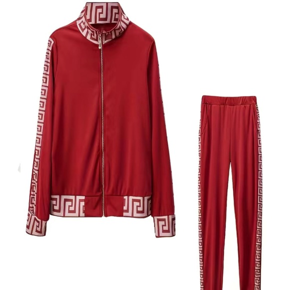 Wine red Casual Geo Print Two-piece Set, Long Sleeve Zip Up Top & Slant Pock… - Picture 3 of 8